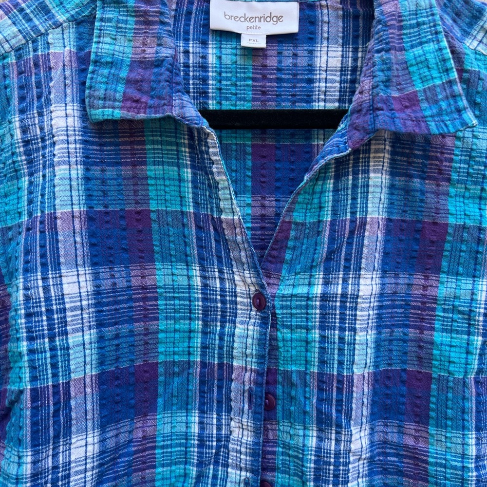 BRECKENRIDGE Petite Seersucker Plaid Button Front Shirt Top Coastal Sz XL Petite - Picture 2 of 8